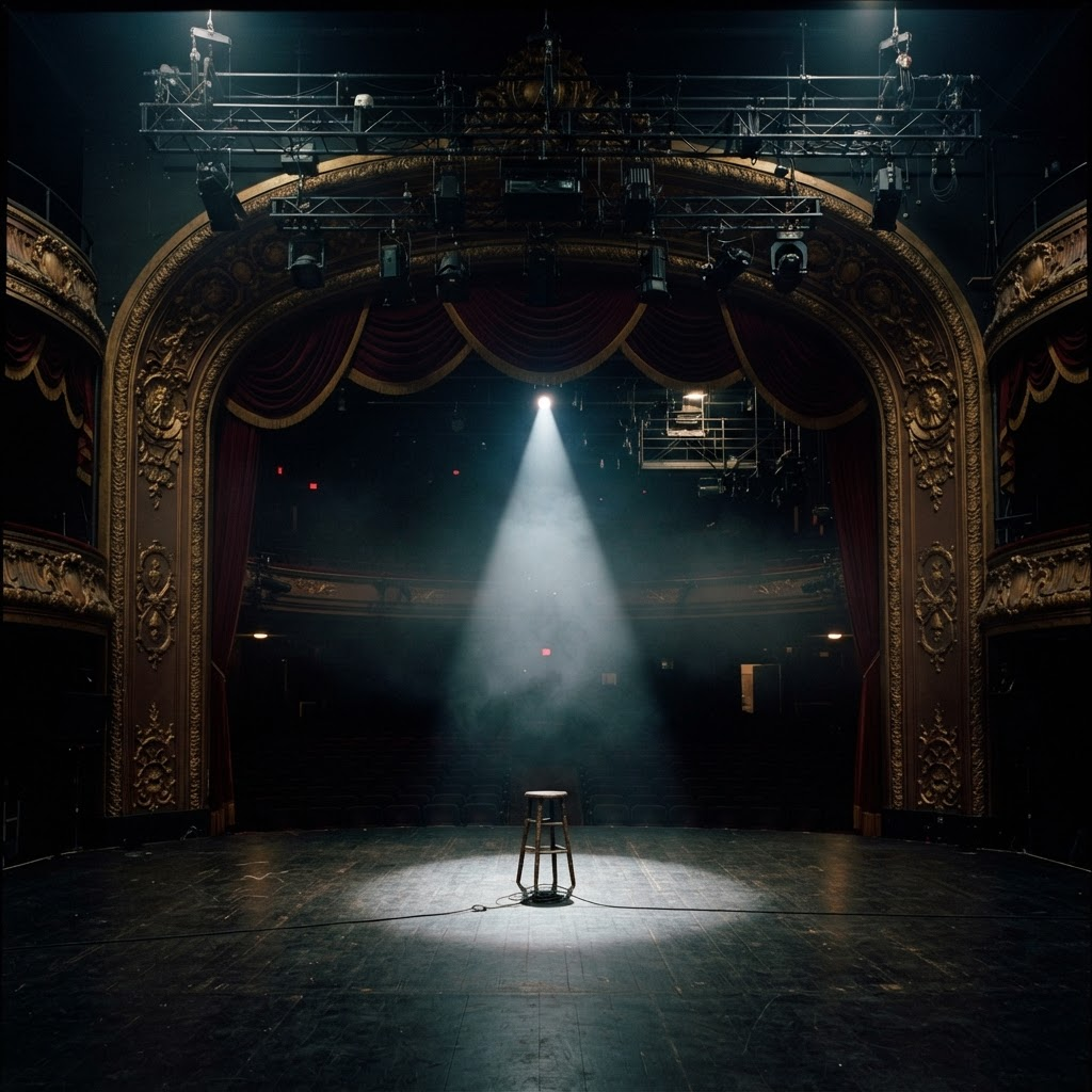 A dramatic empty theater stage lit by a single spotlight